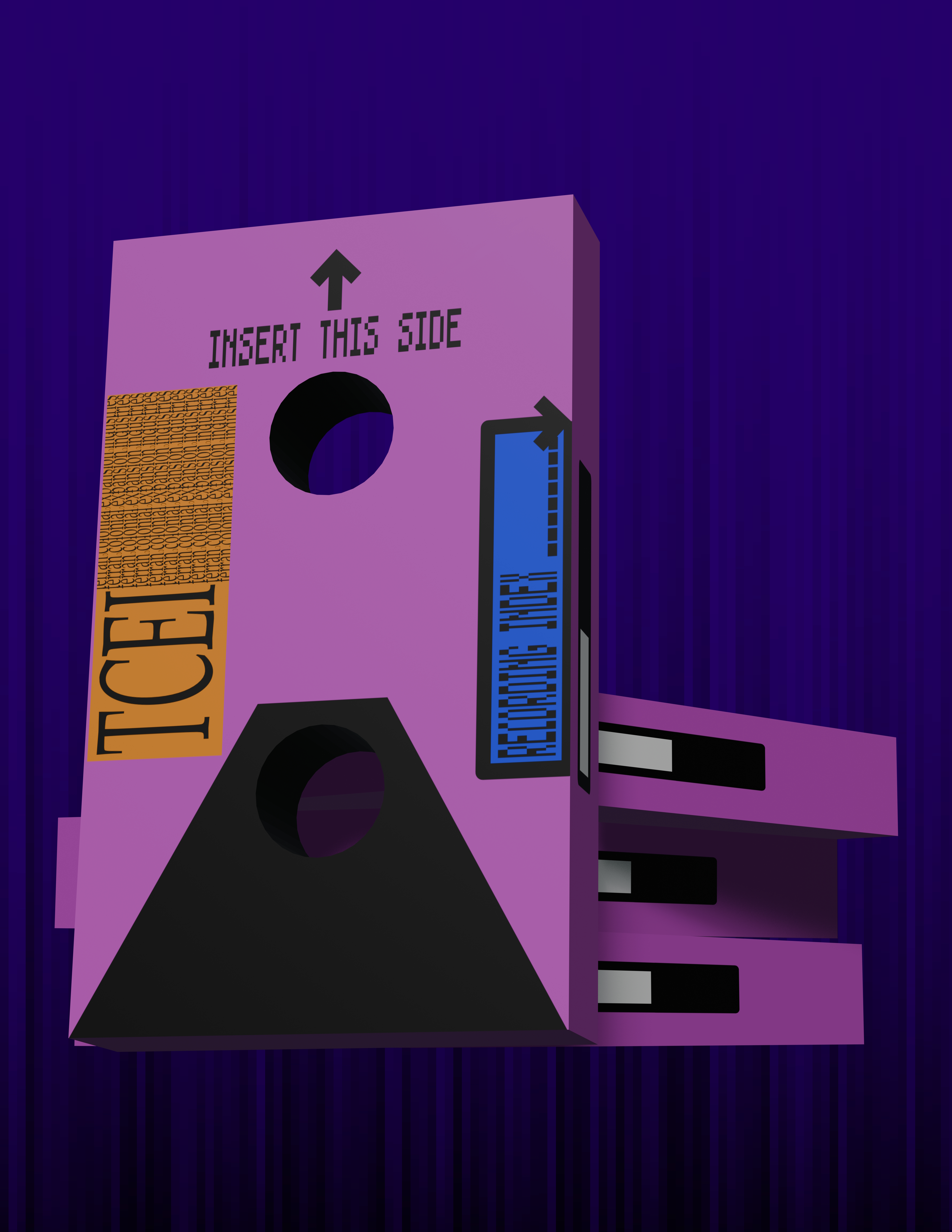 a 3D render of a stack of cassette tape-like objects in front of an abstract background, with another of the same kind of tape leaning up against them. the tapes are labeled with INSERT THIS SIDE, and RECORDING INDEX followed by a blank space to write a number in. the tape is also labeled with TCEI (Terran Colonial Expansion Industries). the text on the tape is in weirdly stretched pixel fonts.